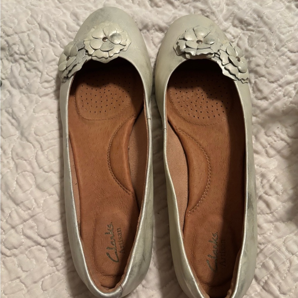 Clarks Artisan Metallic Cream Flats with Floral Embellishments